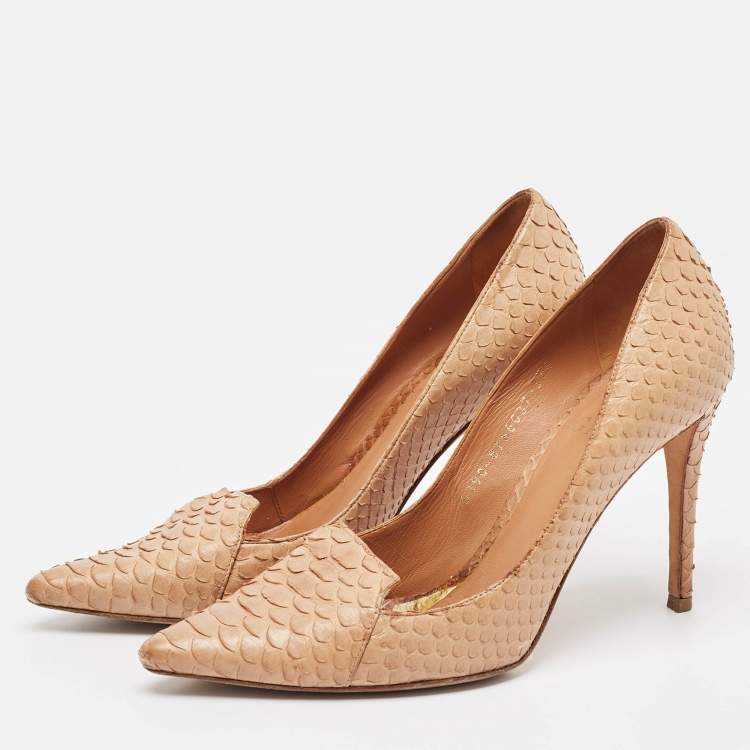 Pre Owned Gina Brown Python Leather Pointed Toe Pumps Size 37.5