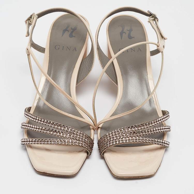 Pre Owned Gina Light Pink Patent Leather Crystal Embellished Slingback Sandals Size 37.5