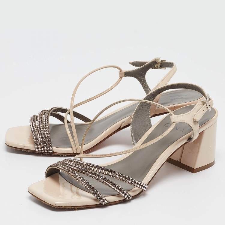 Pre Owned Gina Light Pink Patent Leather Crystal Embellished Slingback Sandals Size 37.5