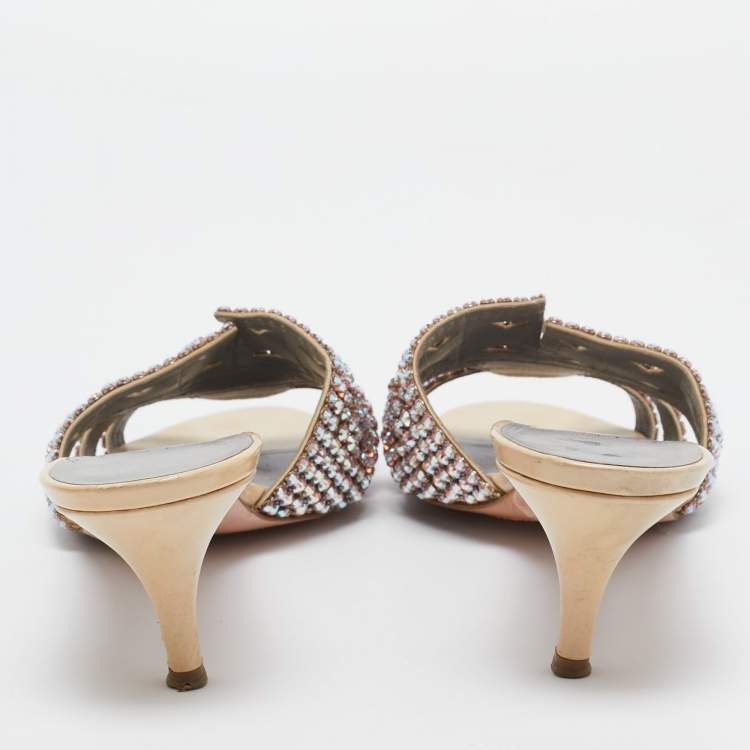 Pre Owned Gina Beige Leather and Patent Crystal Embellished Slide Sandals Size 41