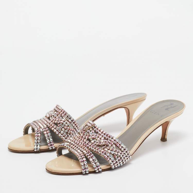 Pre Owned Gina Beige Leather and Patent Crystal Embellished Slide Sandals Size 41