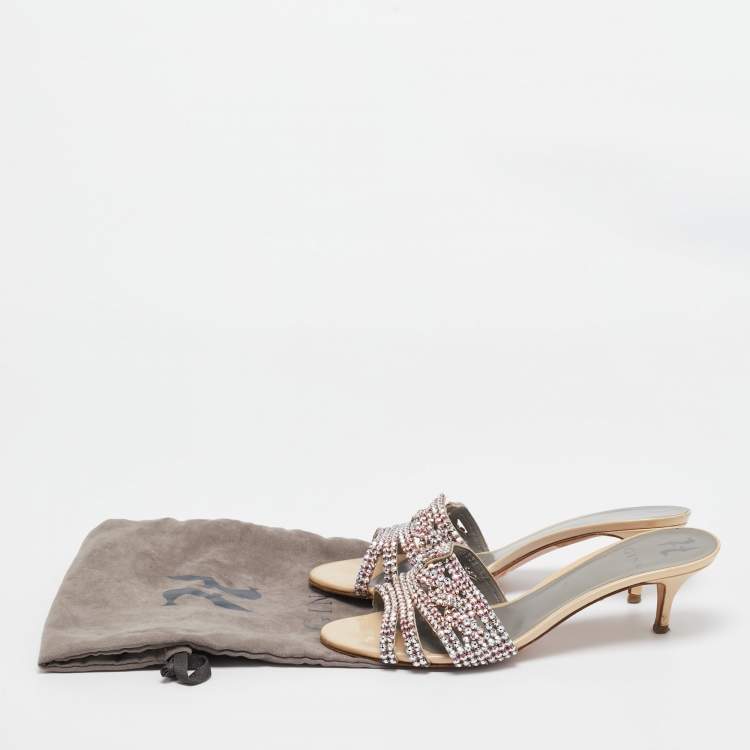Pre Owned Gina Beige Leather and Patent Crystal Embellished Slide Sandals Size 41