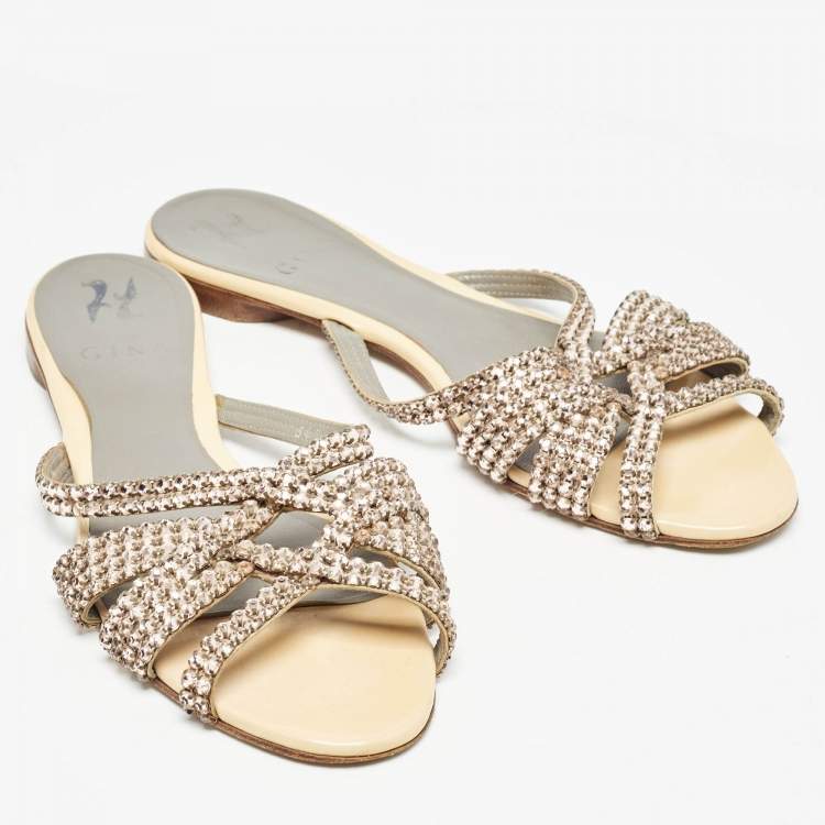 Pre Owned Gina Beige Patent Leather Crystal Embellished Flat Sandals Size 39