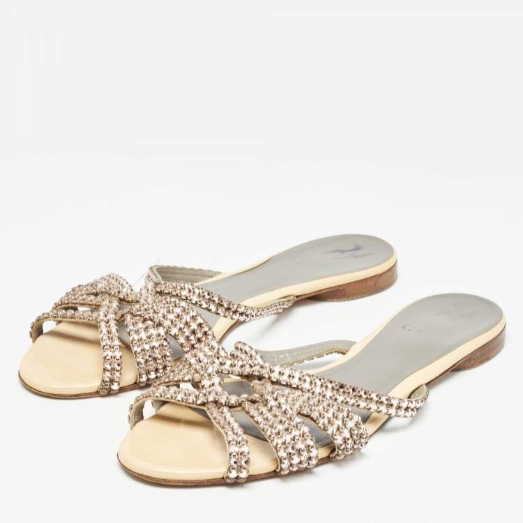 Pre Owned Gina Beige Patent Leather Crystal Embellished Flat Sandals Size 39