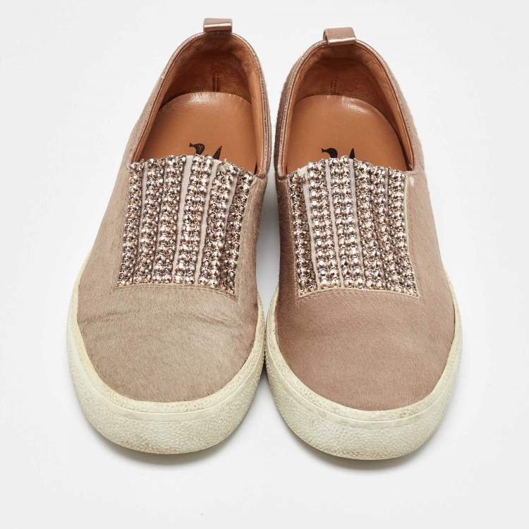 Pre Owned Gina Beige/Metallic Calf Hair and Leather Crystal Embellished Slip On Sneakers Size 37
