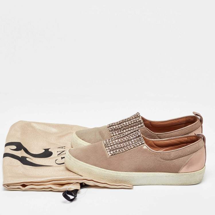 Pre Owned Gina Beige/Metallic Calf Hair and Leather Crystal Embellished Slip On Sneakers Size 37