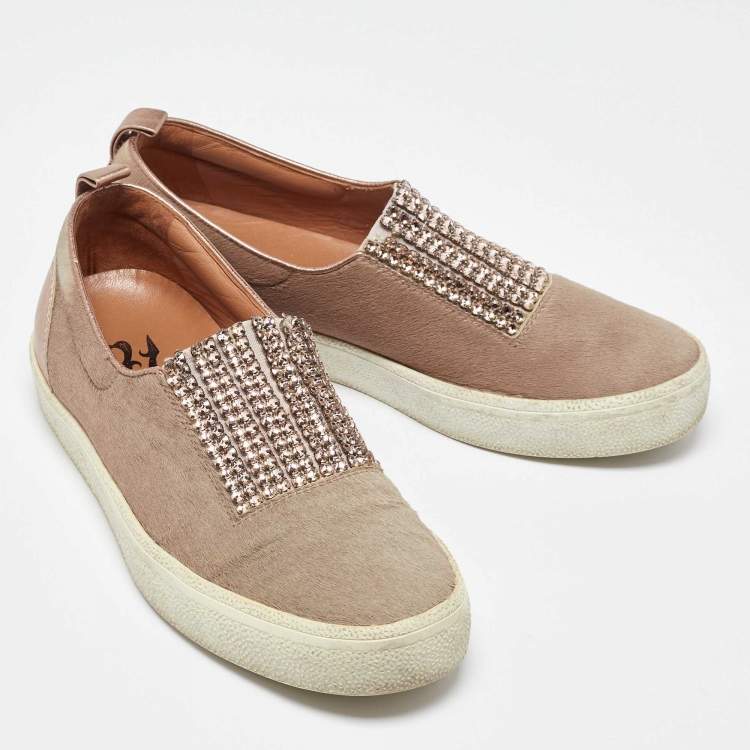 Pre Owned Gina Beige/Metallic Calf Hair and Leather Crystal Embellished Slip On Sneakers Size 37
