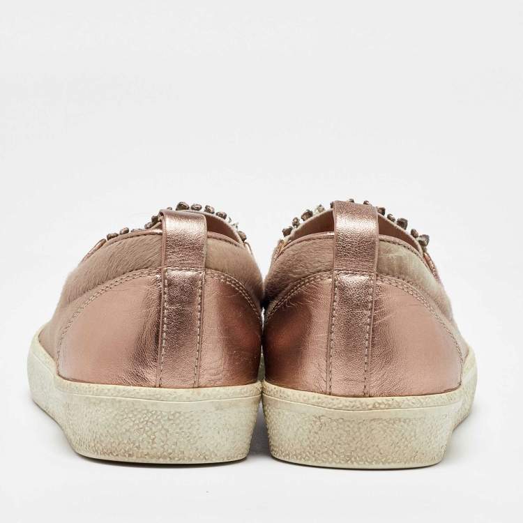 Pre Owned Gina Beige/Metallic Calf Hair and Leather Crystal Embellished Slip On Sneakers Size 37