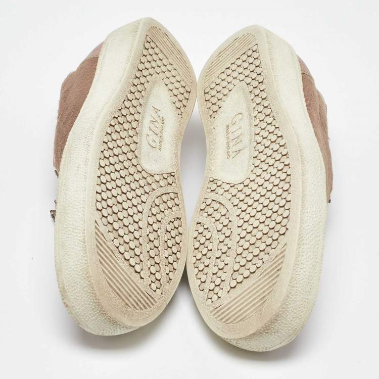 Pre Owned Gina Beige/Metallic Calf Hair and Leather Crystal Embellished Slip On Sneakers Size 37