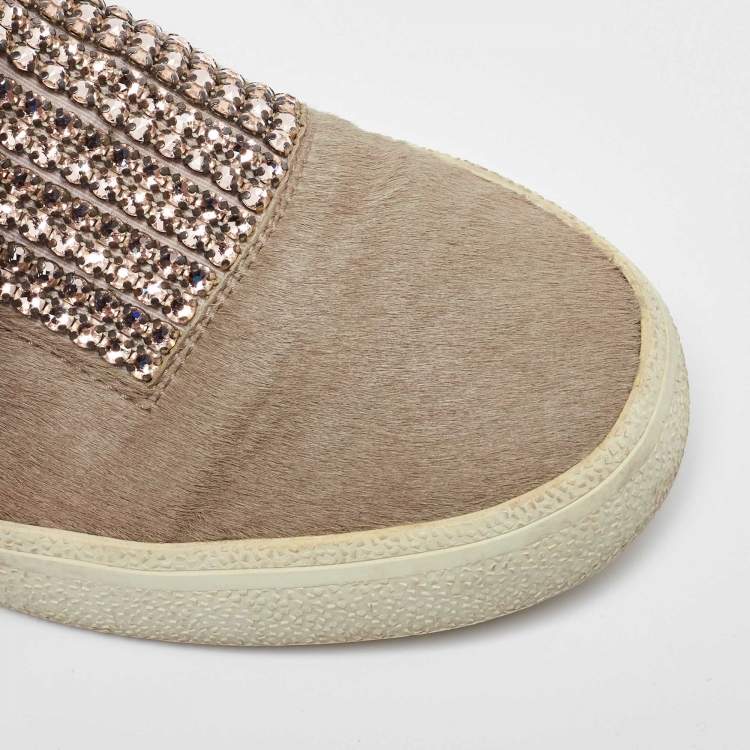 Pre Owned Gina Beige/Metallic Calf Hair and Leather Crystal Embellished Slip On Sneakers Size 37
