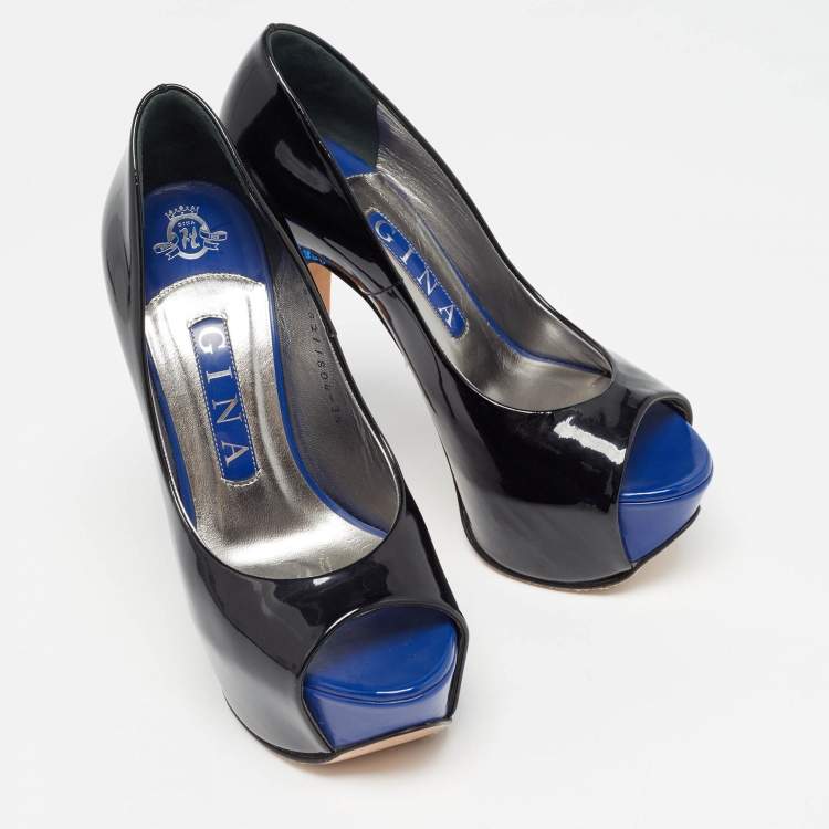 Pre Owned Gina Black Patent Crystal Embellished Open Toe Pumps Size 36.5