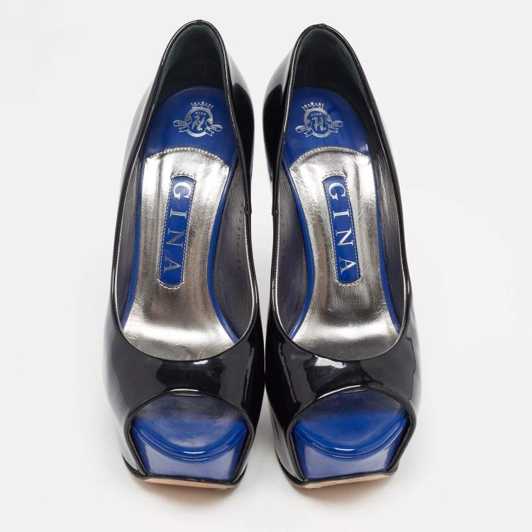 Pre Owned Gina Black Patent Crystal Embellished Open Toe Pumps Size 36.5