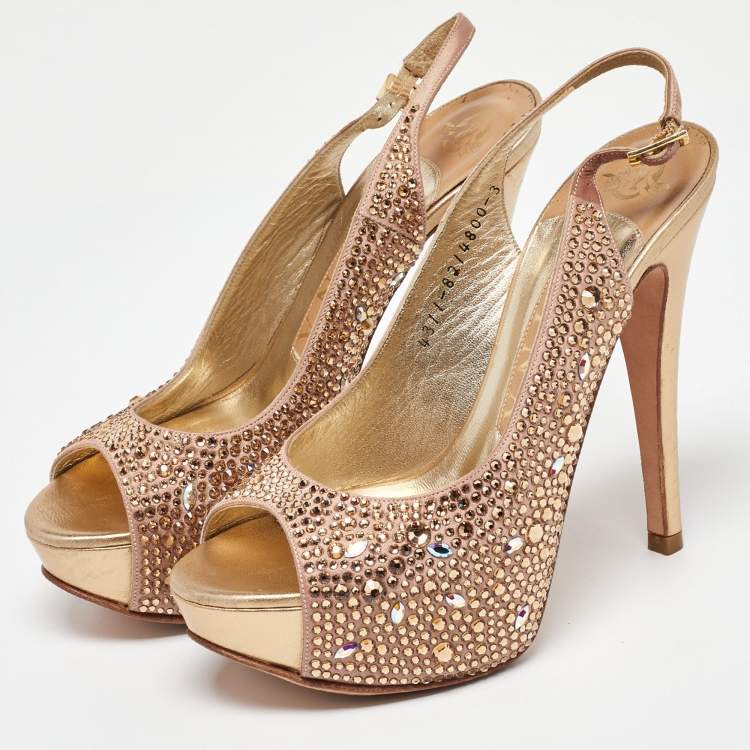 Pre Owned Gina Rose Gold Satin Crystal Embellished Platform Peep Toe Slingback Sandals Size 36
