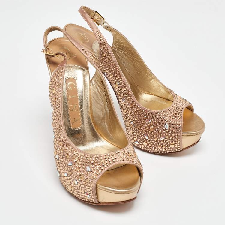 Pre Owned Gina Rose Gold Satin Crystal Embellished Platform Peep Toe Slingback Sandals Size 36