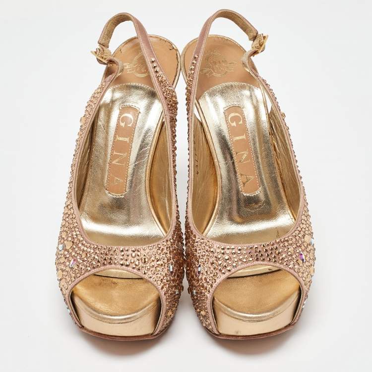 Pre Owned Gina Rose Gold Satin Crystal Embellished Platform Peep Toe Slingback Sandals Size 36