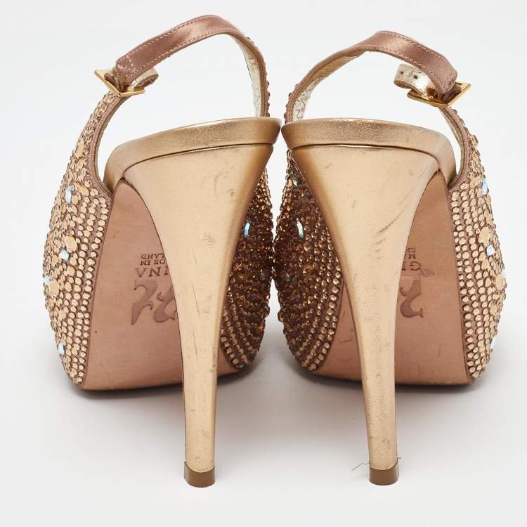 Pre Owned Gina Rose Gold Satin Crystal Embellished Platform Peep Toe Slingback Sandals Size 36
