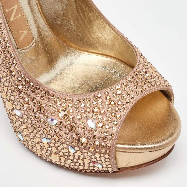 Pre Owned Gina Rose Gold Satin Crystal Embellished Platform Peep Toe Slingback Sandals Size 36