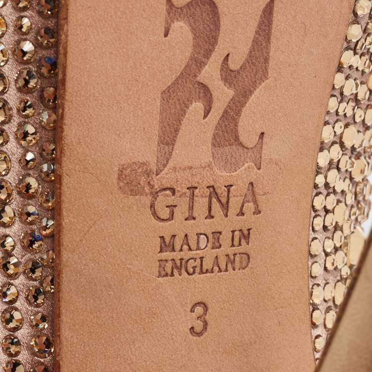 Pre Owned Gina Rose Gold Satin Crystal Embellished Platform Peep Toe Slingback Sandals Size 36
