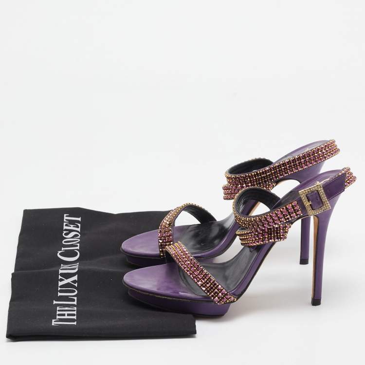 Pre Owned Gina Purple Leather Crystal Embellished Ankle Strap Sandals Size 38