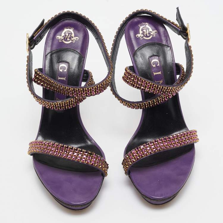 Pre Owned Gina Purple Leather Crystal Embellished Ankle Strap Sandals Size 38