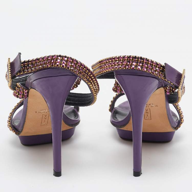 Pre Owned Gina Purple Leather Crystal Embellished Ankle Strap Sandals Size 38