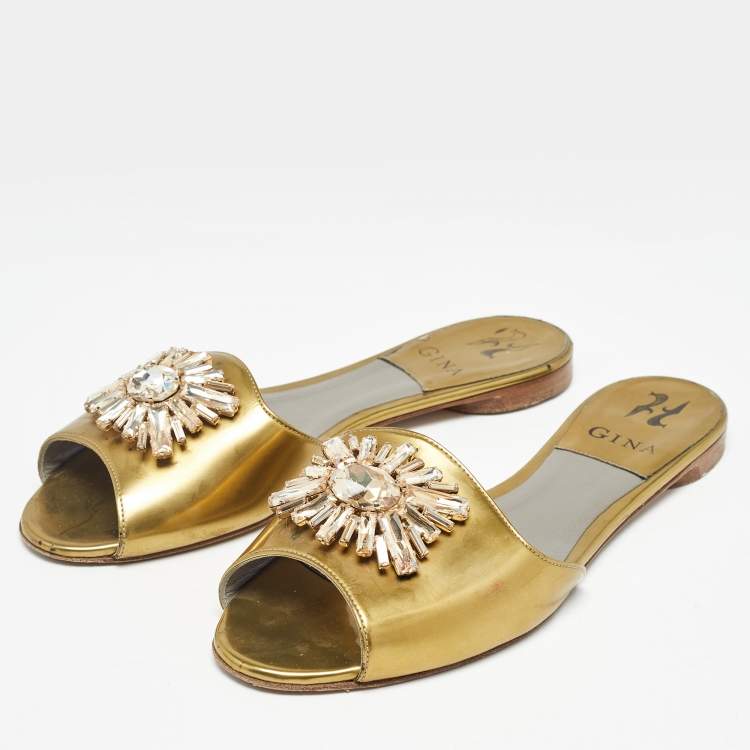 Pre Owned Gina Gold Leather Crystal Embellished Flat Slides Size 39
