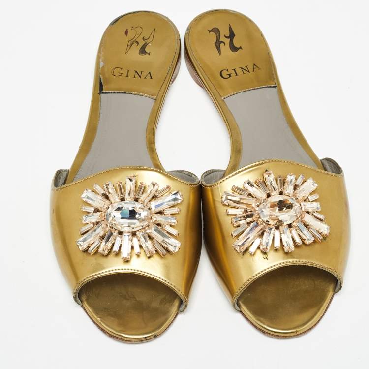 Pre Owned Gina Gold Leather Crystal Embellished Flat Slides Size 39