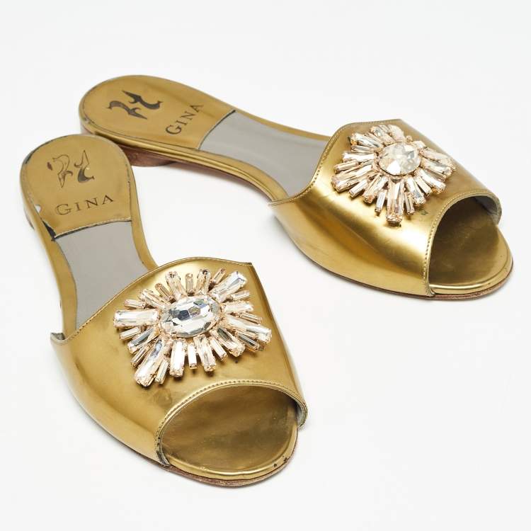Pre Owned Gina Gold Leather Crystal Embellished Flat Slides Size 39