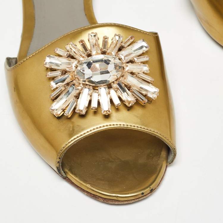 Pre Owned Gina Gold Leather Crystal Embellished Flat Slides Size 39