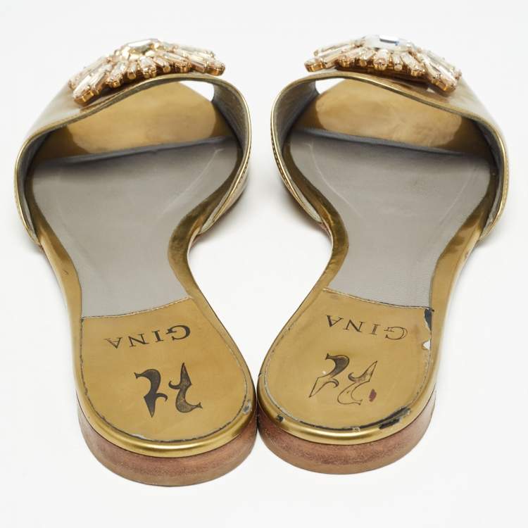 Pre Owned Gina Gold Leather Crystal Embellished Flat Slides Size 39