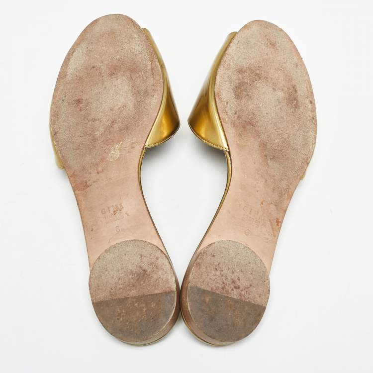 Pre Owned Gina Gold Leather Crystal Embellished Flat Slides Size 39