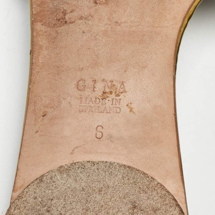 Pre Owned Gina Gold Leather Crystal Embellished Flat Slides Size 39