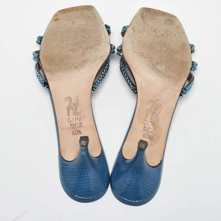 Pre Owned Gina Blue Crystal Embellished Leather Slide Sandals Size 40.5