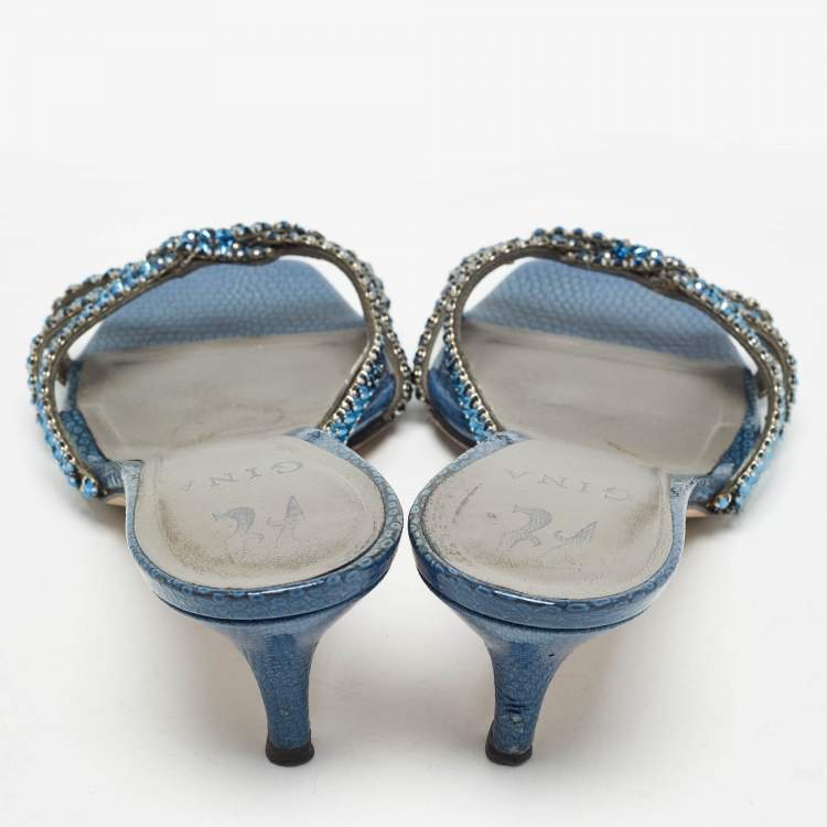 Pre Owned Gina Blue Crystal Embellished Leather Slide Sandals Size 40.5