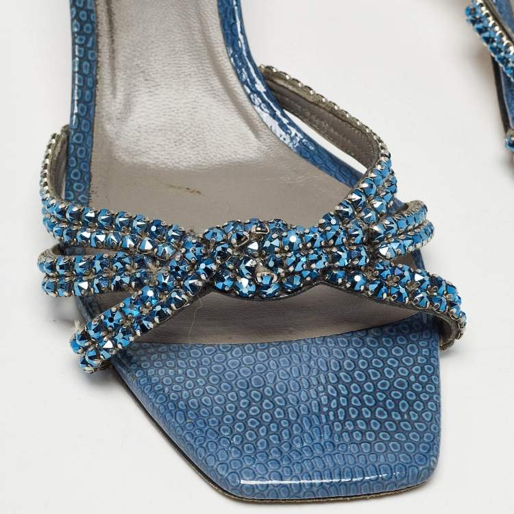 Pre Owned Gina Blue Crystal Embellished Leather Slide Sandals Size 40.5
