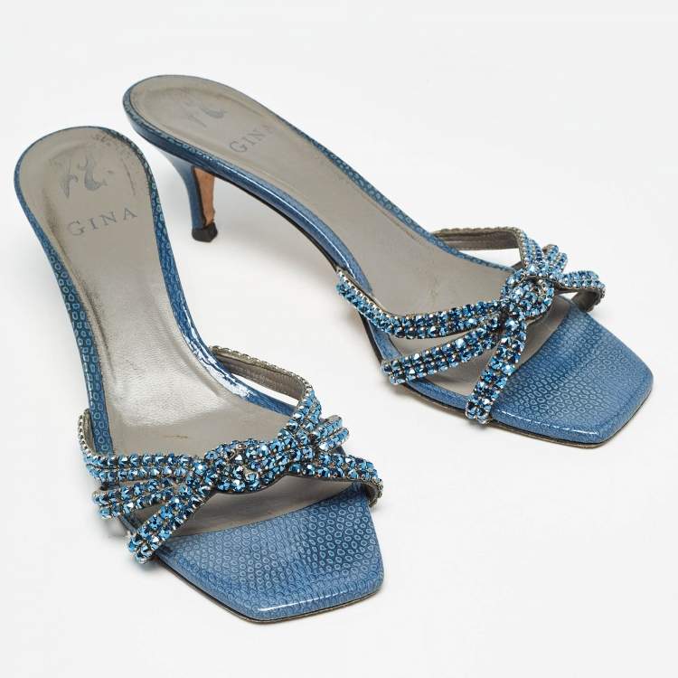 Pre Owned Gina Blue Crystal Embellished Leather Slide Sandals Size 40.5