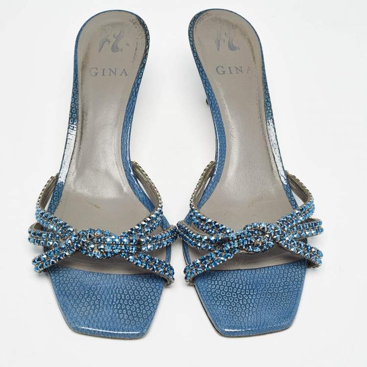 Pre Owned Gina Blue Crystal Embellished Leather Slide Sandals Size 40.5