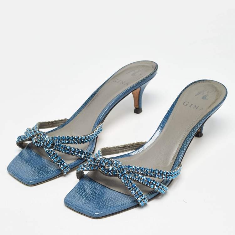 Pre Owned Gina Blue Crystal Embellished Leather Slide Sandals Size 40.5