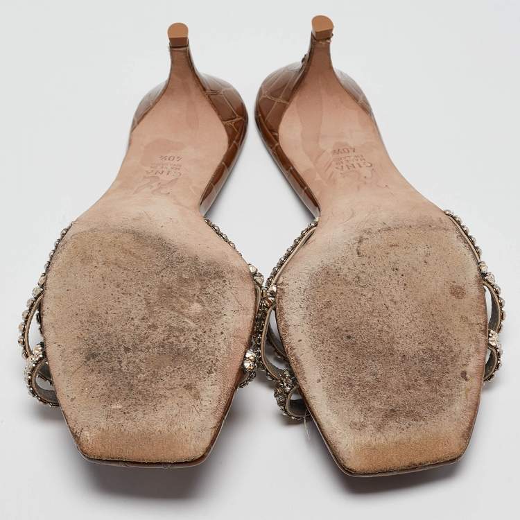 Pre Owned Gina Brown Croc Embossed Patent Leather Slide Sandals Size 40.5