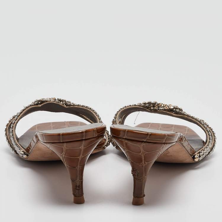 Pre Owned Gina Brown Croc Embossed Patent Leather Slide Sandals Size 40.5