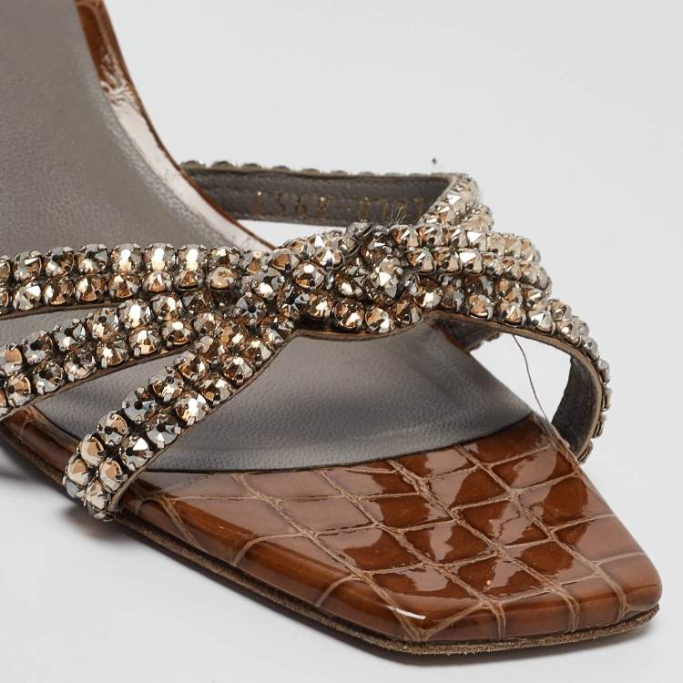 Pre Owned Gina Brown Croc Embossed Patent Leather Slide Sandals Size 40.5