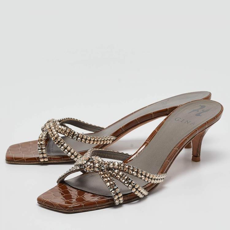 Pre Owned Gina Brown Croc Embossed Patent Leather Slide Sandals Size 40.5