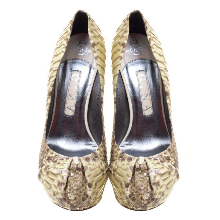 Pre Owned Gina Beige Python Hoodie Platform Pumps Size 38