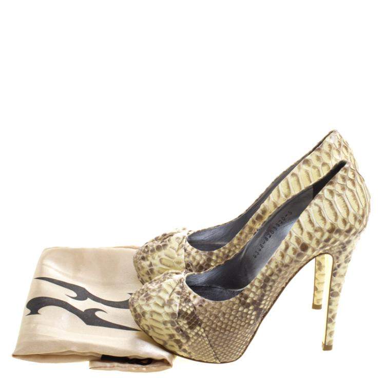 Pre Owned Gina Beige Python Hoodie Platform Pumps Size 38