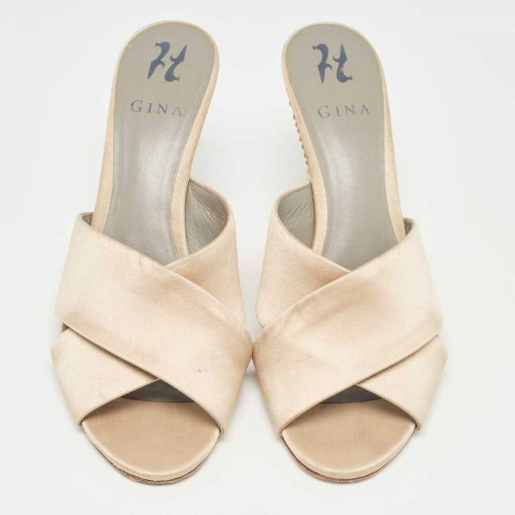 Pre Owned Gina Beige Satin Crystal Embellished Wedge Sandals Size 41