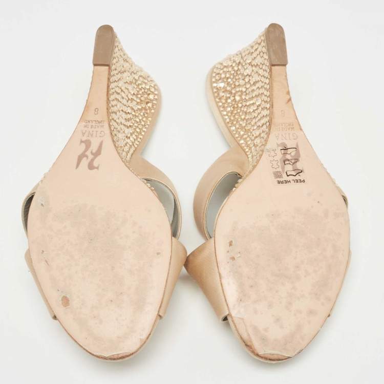 Pre Owned Gina Beige Satin Crystal Embellished Wedge Sandals Size 41