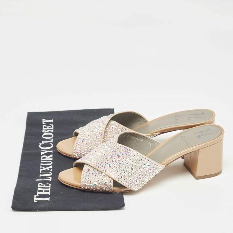 Pre Owned Gina Beige Crystal Embellished Satin Slide Sandals Size 39.5