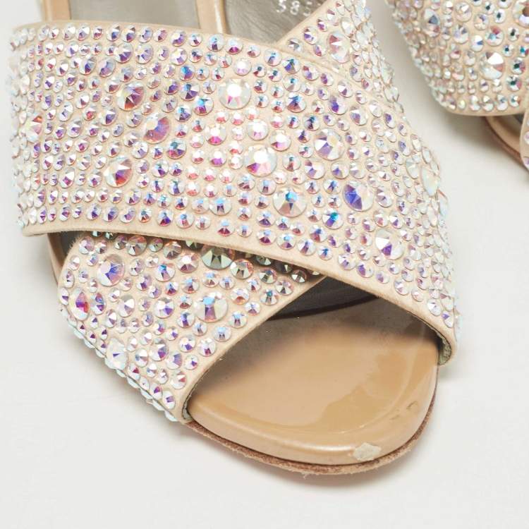 Pre Owned Gina Beige Crystal Embellished Satin Slide Sandals Size 39.5