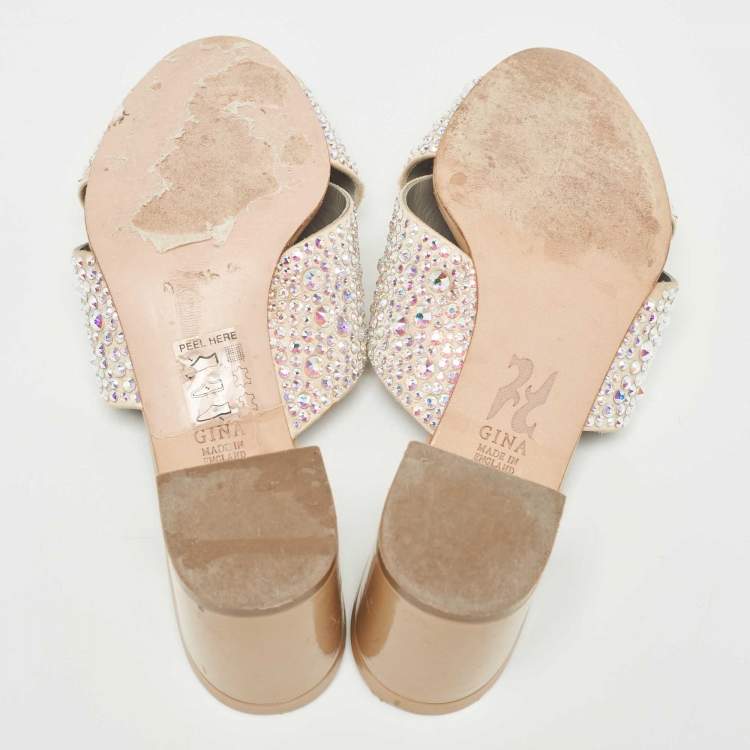 Pre Owned Gina Beige Crystal Embellished Satin Slide Sandals Size 39.5