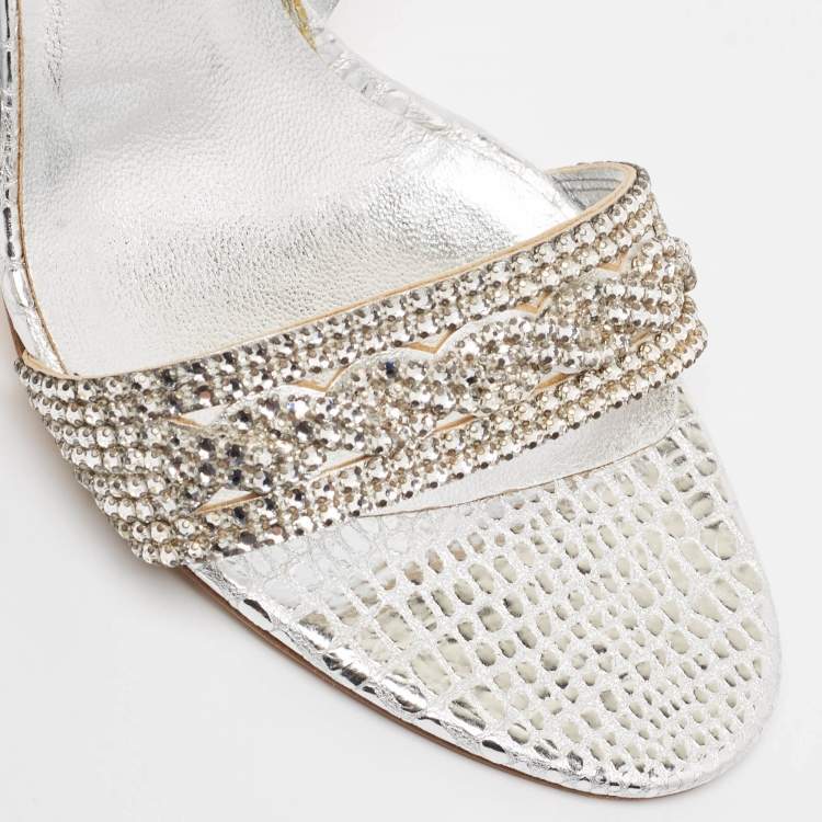 Pre Owned Gina Silver Python Embossed Leather Slingback Sandals Size 39